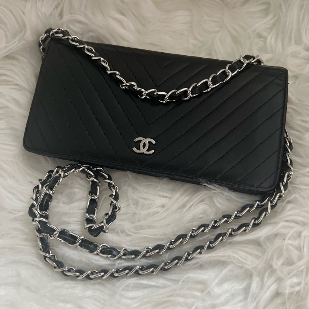 Authentic Chanel Chevron Black Wallet With Added Chain Bag